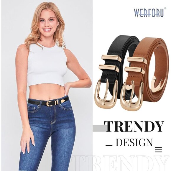 Women Leather Belt 2-Pack Western Waist Belts for Jeans with Gold/Silver Buckle main image 4